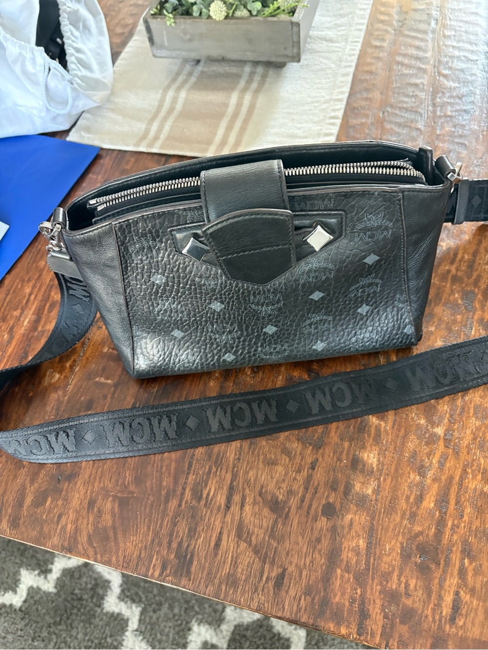 MCM Black Leather Logo Belt Bag with Embossed Monogram